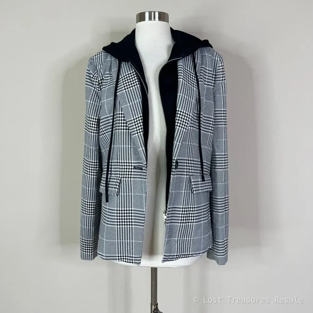 Evereve | Park Avenue Hoodie Dickie Black White Grey Plaid Blazer Jacket Large L - Picture 2 of 9